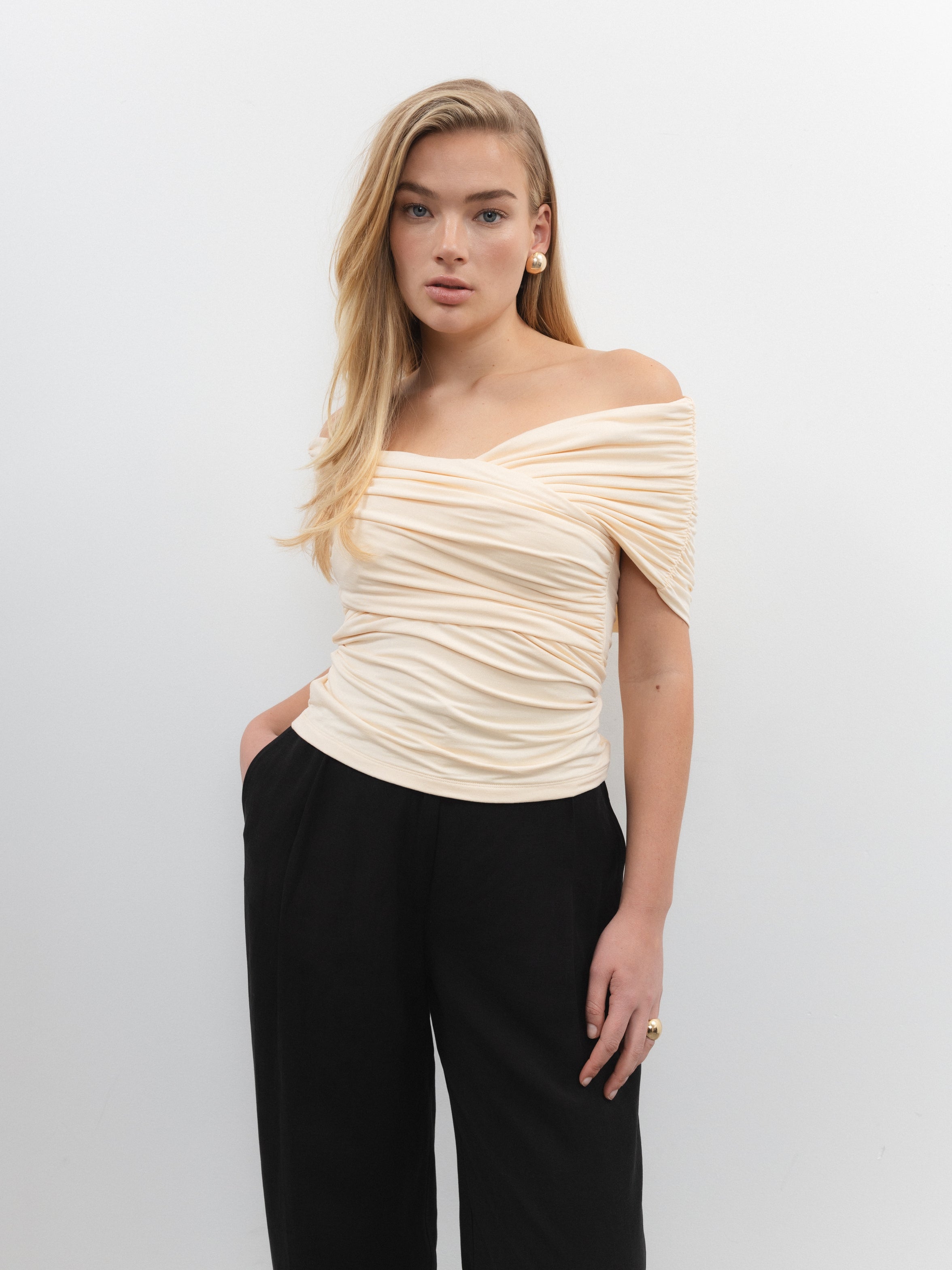 VIVEH Dosinia top in Coconut Milk – styled view