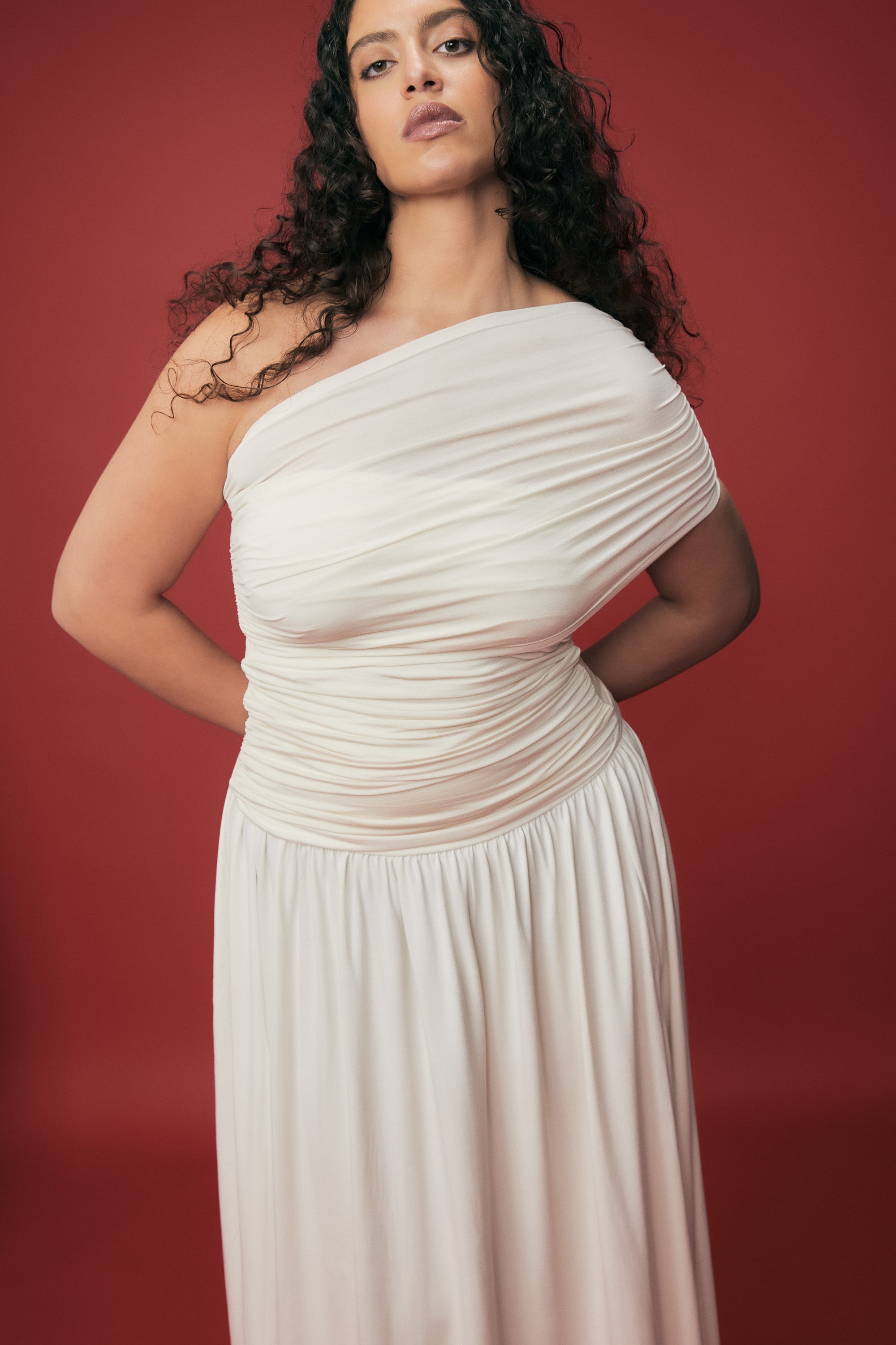 VIVEH Dahlia top in Coconut Milk – one shoulder top – front view